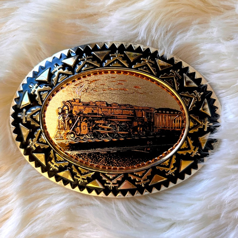 Modern Train Engine With Smoke & Hopper Aztec Print Outline Belt Buckle